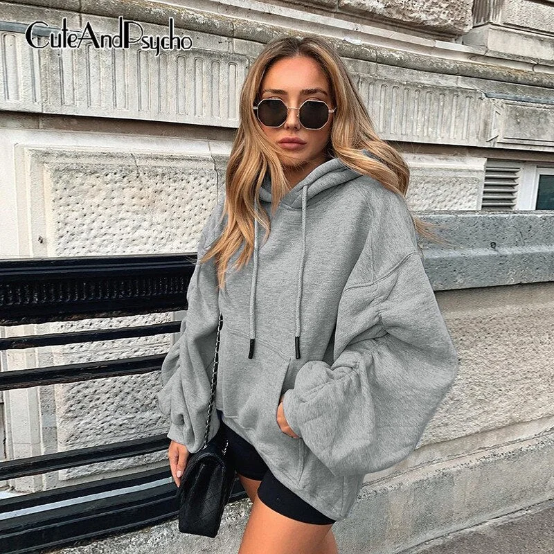 Streetwear Casual Joggers Women Sweatshirts Oversized Big Pockets Hoodies Harajuku Lantern Pleated Sleeves Tops Cuteandpsycho