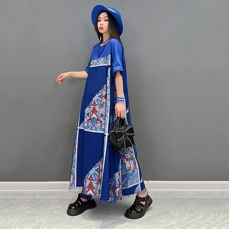 Elegant Loose O-neck Stained Glass Printed Mesh Patchwork Short Sleeve Dress      