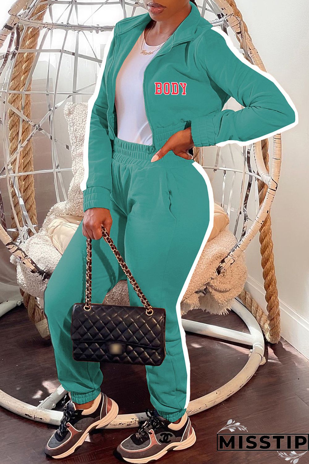 Blue Casual Letter Print Patchwork Zipper Collar Long Sleeve Two Pieces