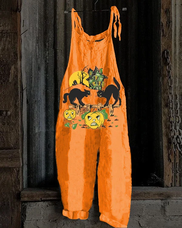 Women's Halloween Night Pumpkin Cat Linen Cotton Jumpsuit