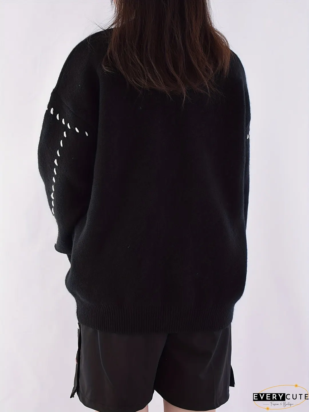 V Neck Button Knit Cardigan, Preppy Long Sleeve Drop Shoulder Sweater, Women's Clothing