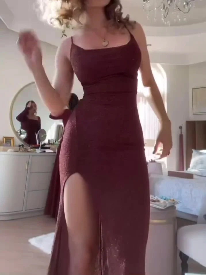 Burgundy Tie Shiny Slit Dress