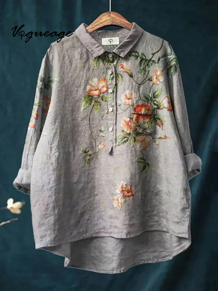Plant Flower Retro Print Cotton And Linen Shirt