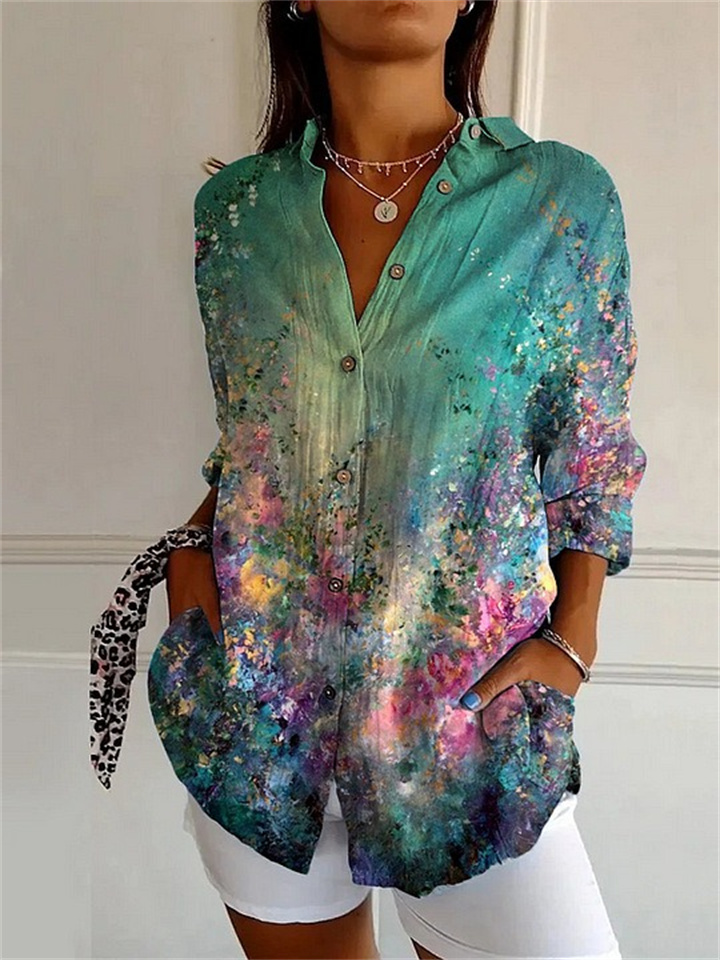 Women's Large Size New Long-sleeved Shirt Floral Ladies Printed Casual Shirt
