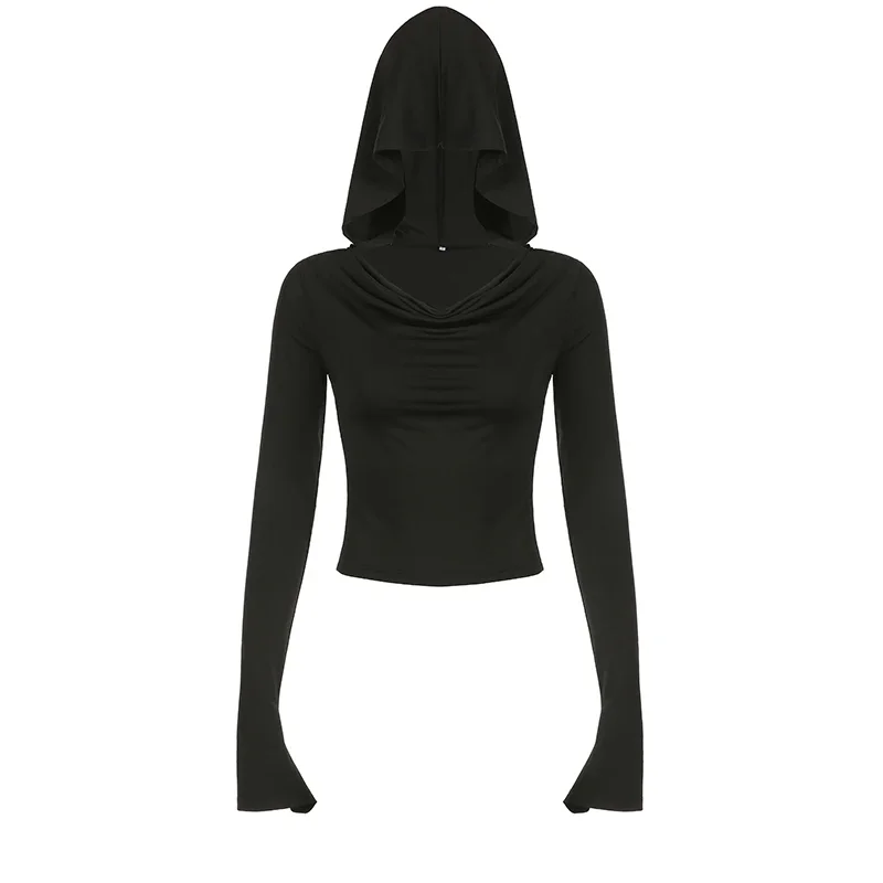 Huibahe Black Folds Crop Top Hooded Full Sleeve T Shirt Women Punk Gothic Fashion Autumn Korean Pullovers Streetwear Grunge