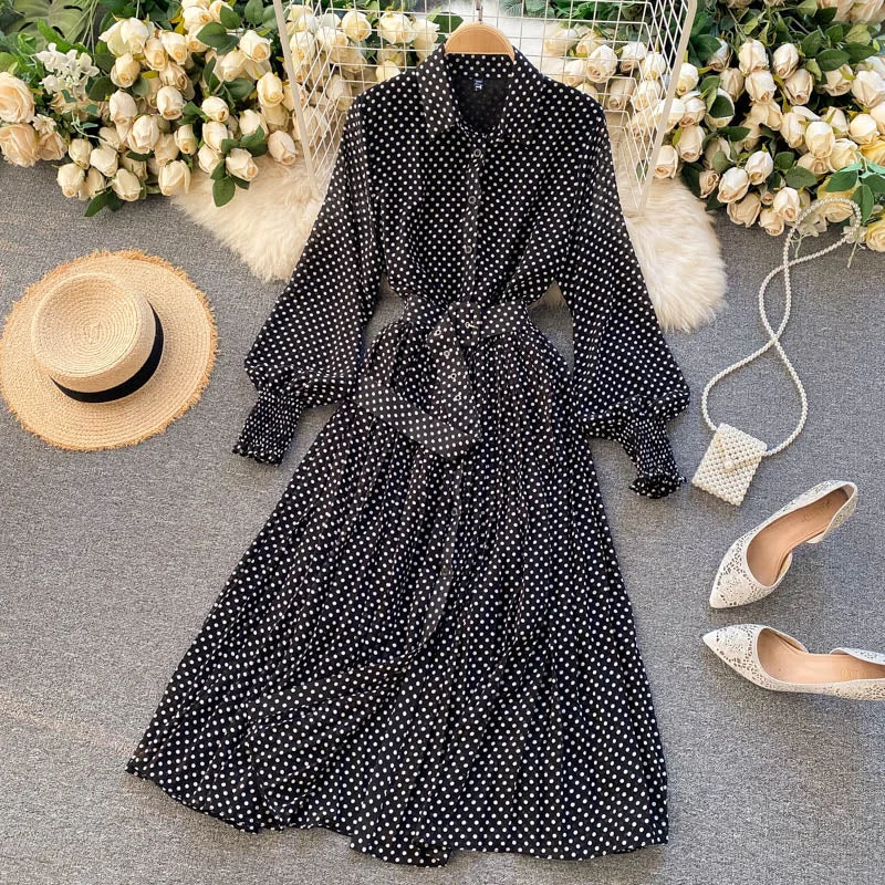 Croysier Dresses For Women Office Lady Long Sleeve Shirt Dress Vintage Elegant Polka Dot Chiffon Pleated Midi Dress With Belt