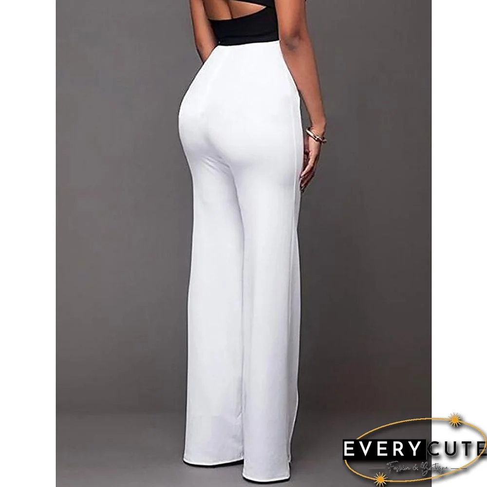 White Button Detail Casual Flare Pants