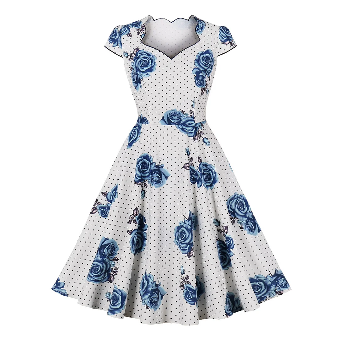 Chinese style rose print square neck short sleeved dress