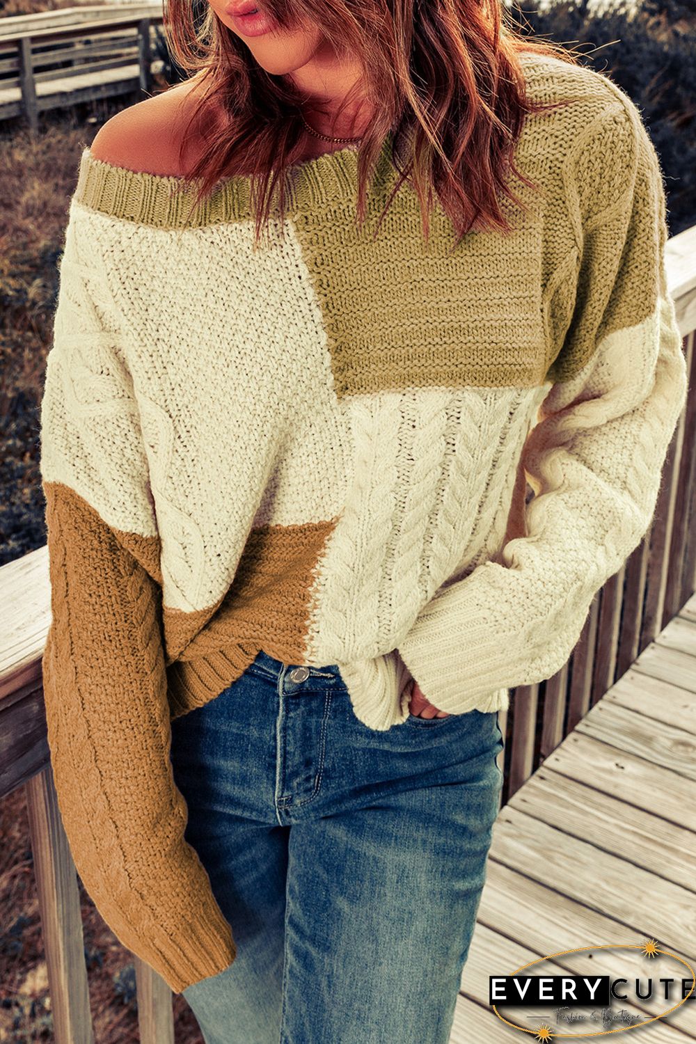 Multicolor Crew Neck Contrast Color Block Sweater