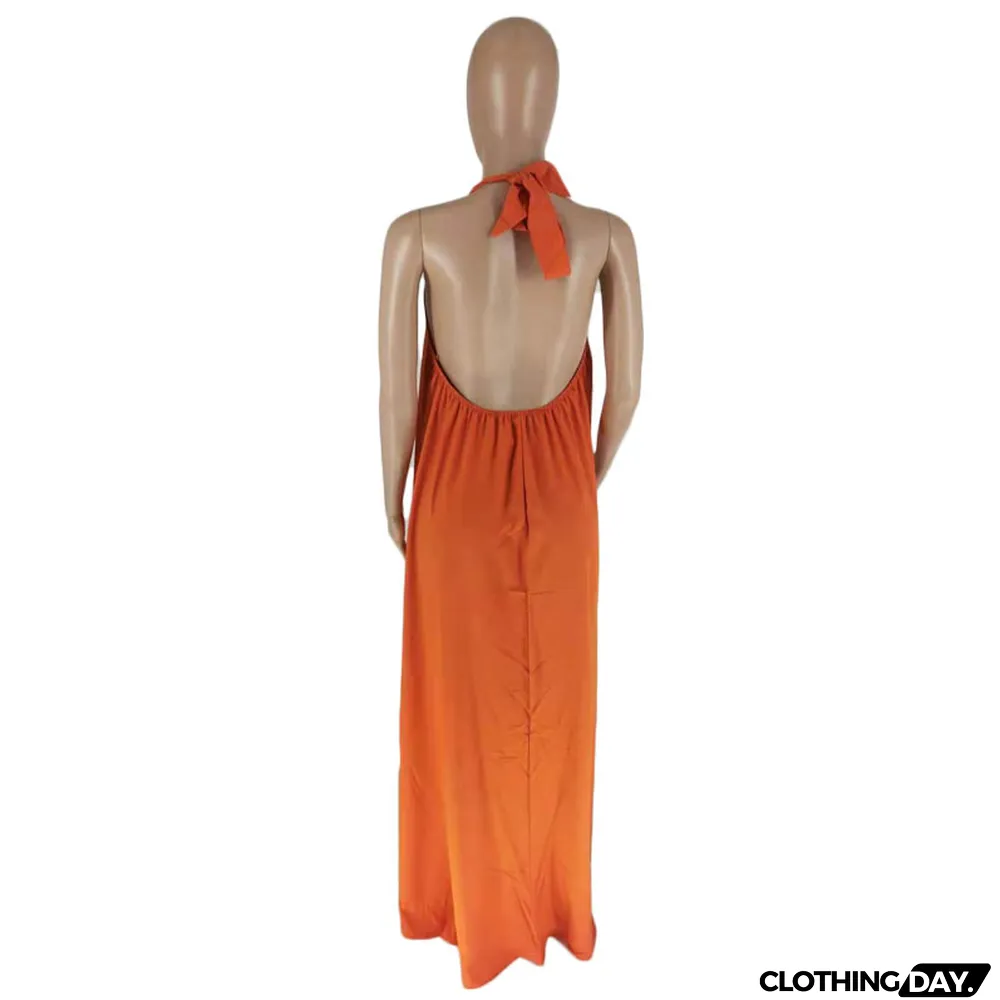 Summer Women's Sleeveless Halter Neck Sexy Low Back Solid Color Maxi Dress