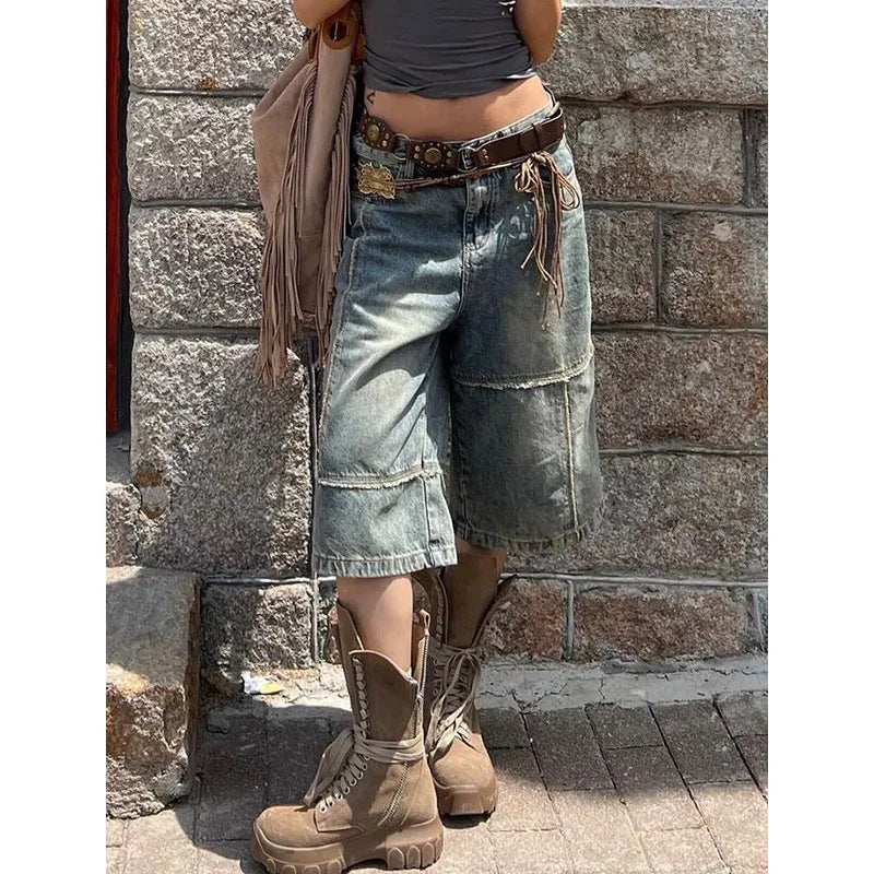Aiertu Women's Shorts Summer Blue High Waist Jeans Y2K Straight Plus Size Classic Casual Pants Streetwear Vintage Wide Leg Denim Shorts Aiertu