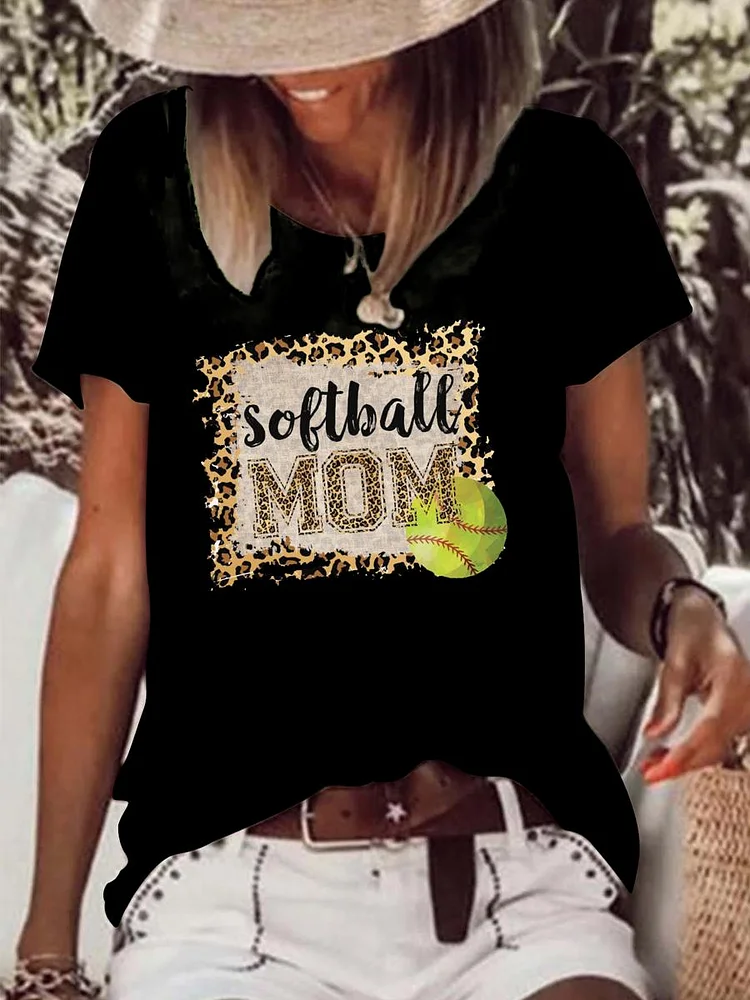 Softball Leopard mom Raw Hem Tee-Annaletters