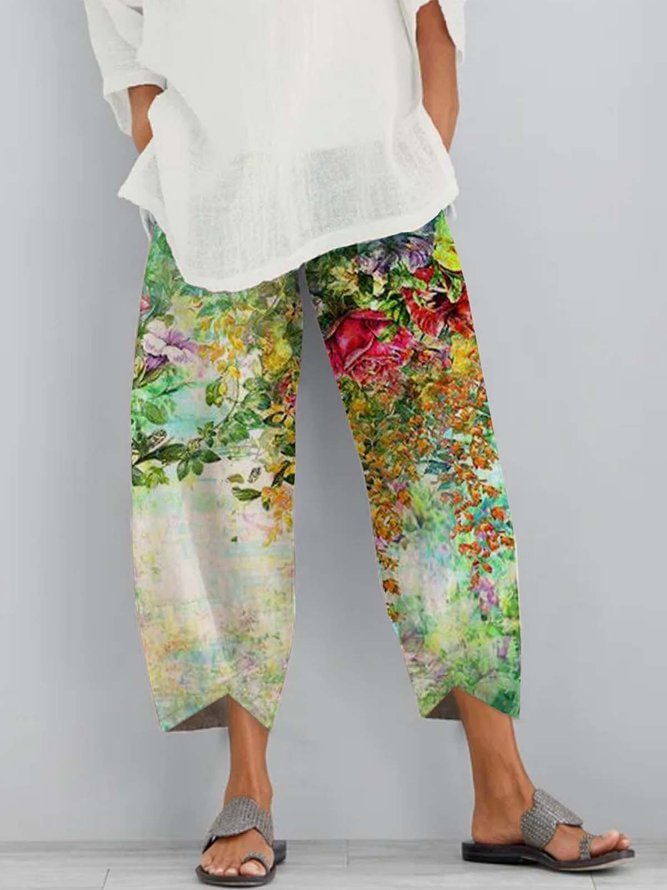 Floral Shift Printed Cotton-blend Casual All Season Yellow Pants B234- Fabulory