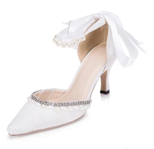 White Bridal Shoes Ankle Strap Rhinestone Lace Heels for Wedding |FSJ Shoes