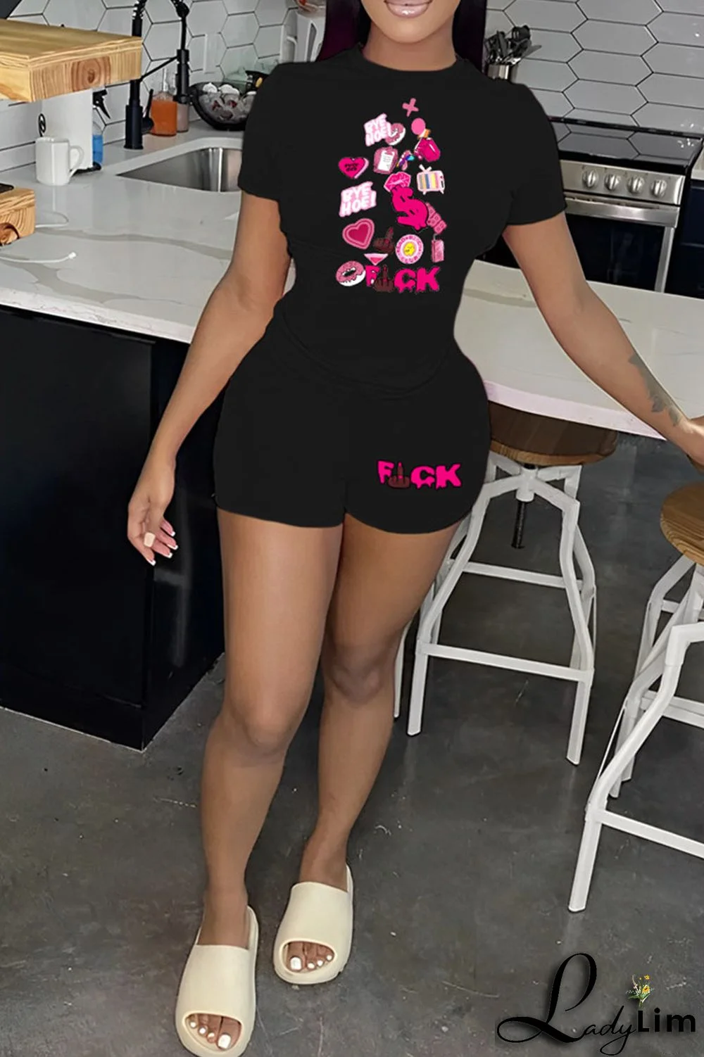 Orange Casual Print Patchwork O Neck Short Sleeve Two Pieces