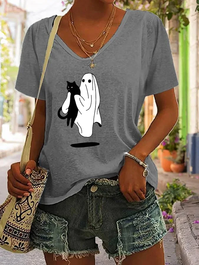 Women's Ghost and Black Cat Print Casual T-Shirt