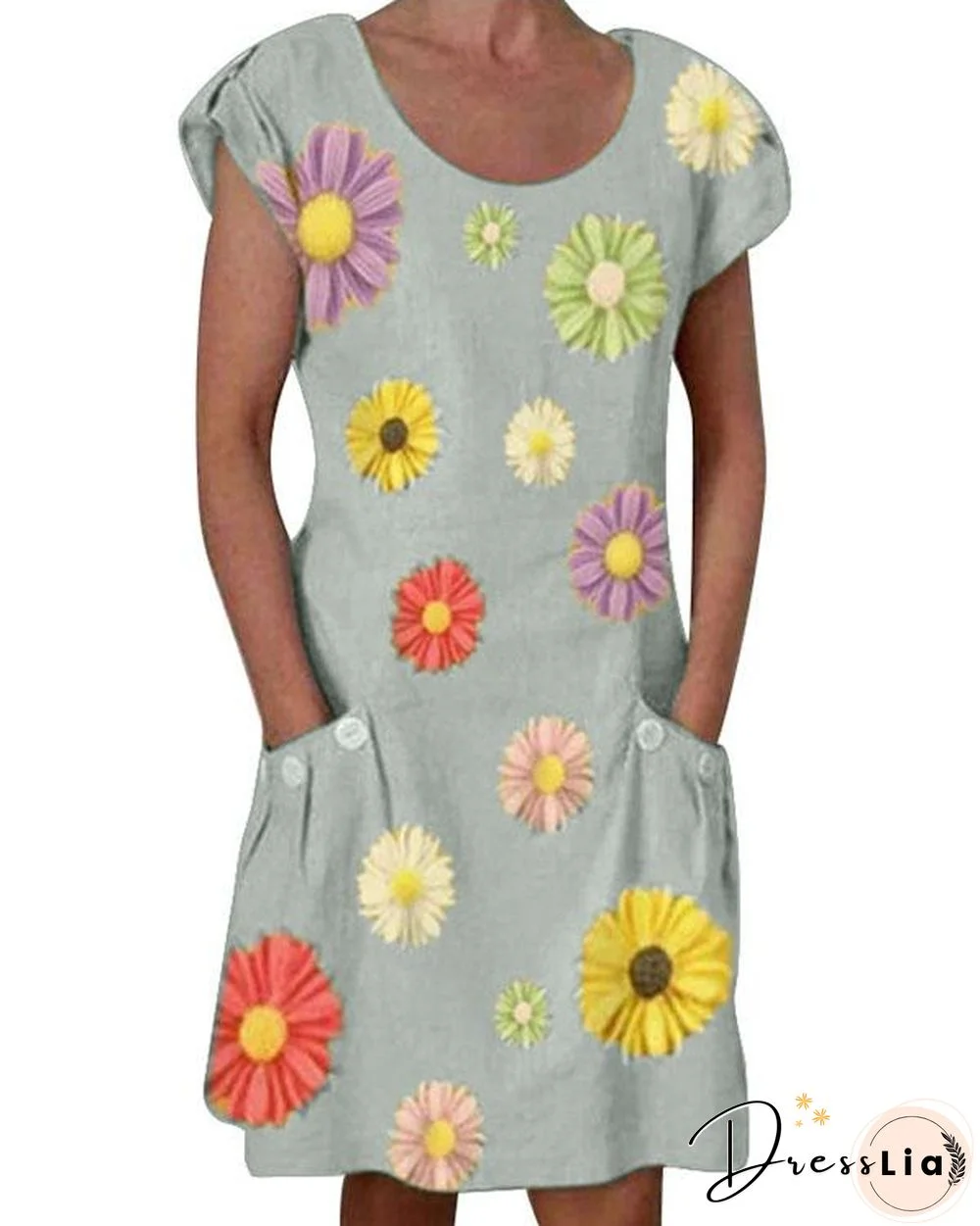 Yellow Short Sleeve Floral-Print Dresses