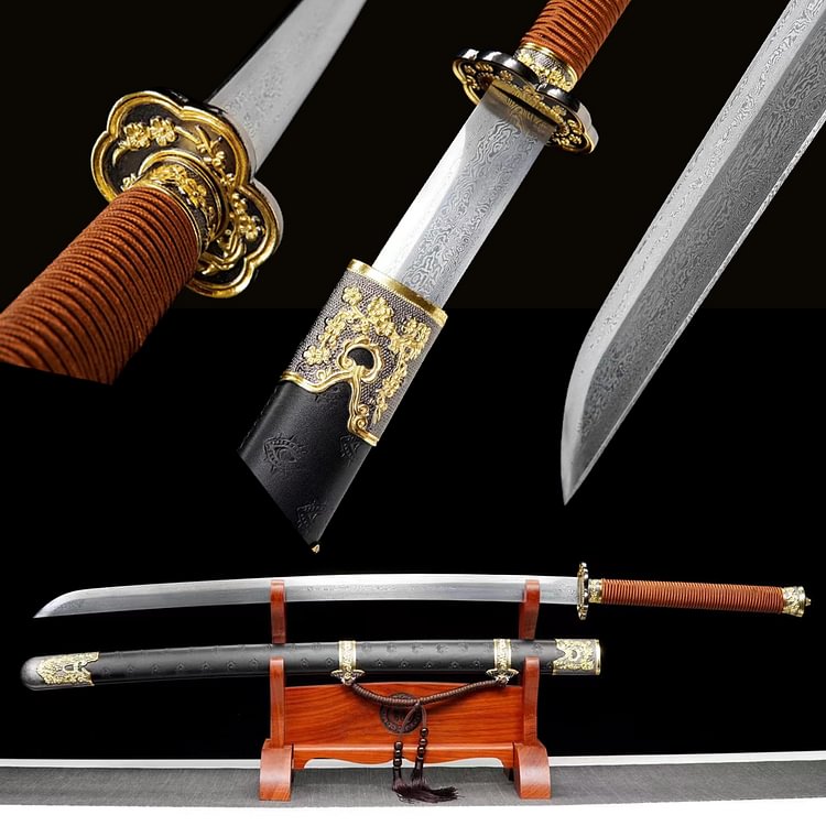 Black leather sheath Samurai sword,gold tsuba katana,silver blade Japan handmade,katana swords,best long katana,anime katana,cosplay sword