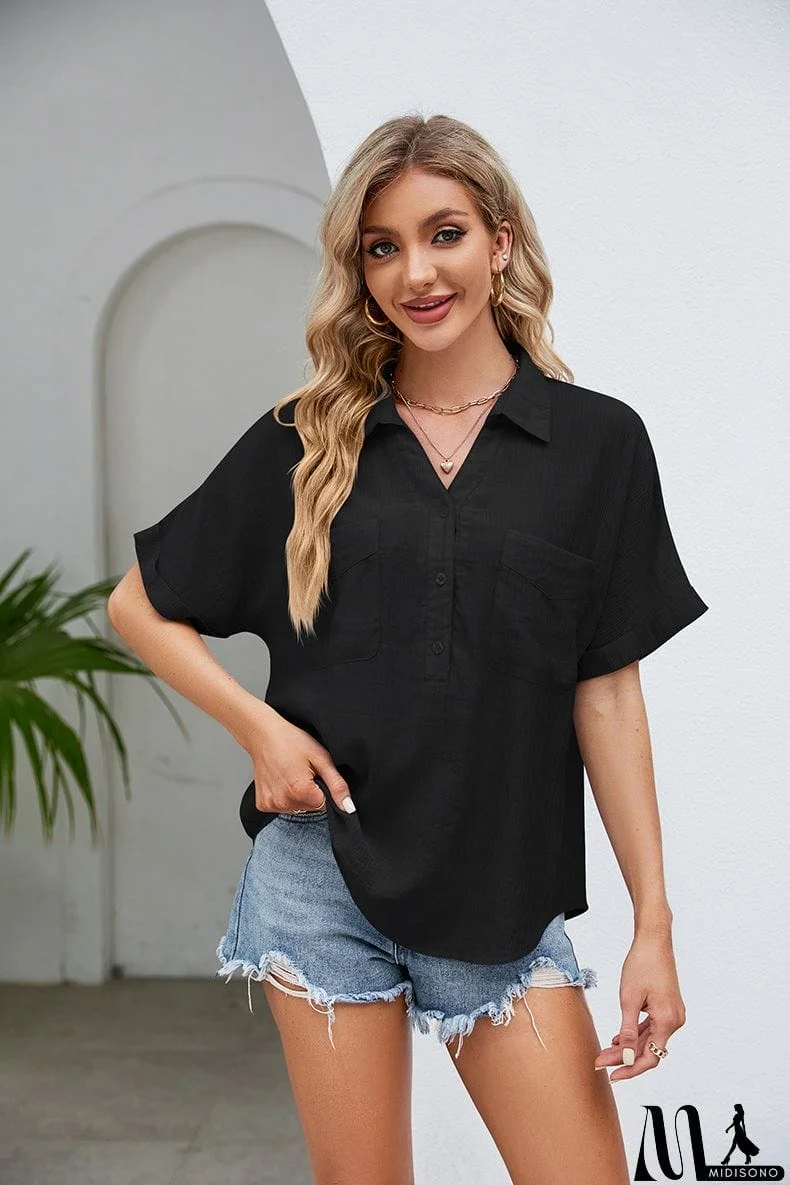 MidiSono - Half Button Johnny Collar Blouse