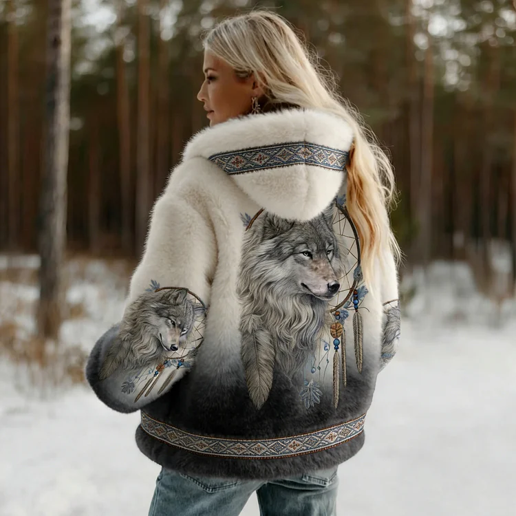 Women's Vintage Wolf Art Knit Cozy Flannel Hoodie