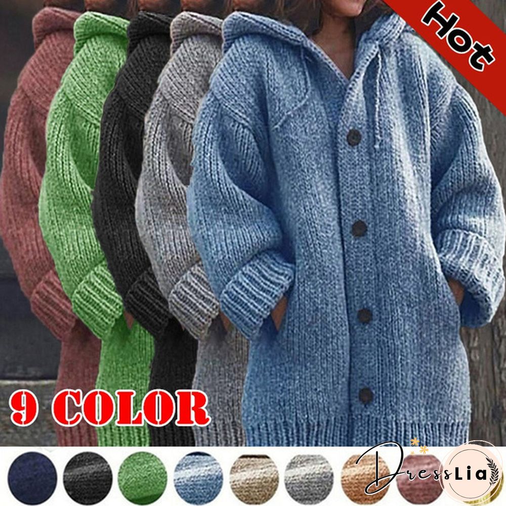 New Autumn Fashion Women Winter Coat Knit Hooded Sweater Loose Mid-length Button Up Knitted Cardigan Jackets for Women Outwear vestidos mujer casacos de inverno feminino