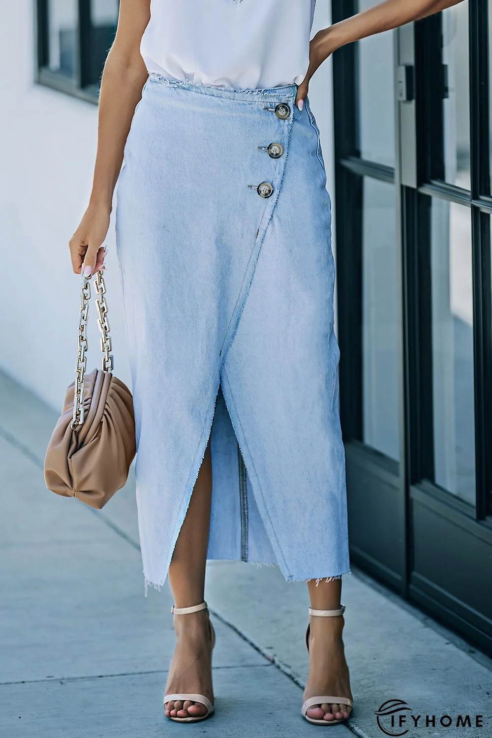 Sky Blue Buttoned Wrap Maxi Denim Skirt | IFYHOME