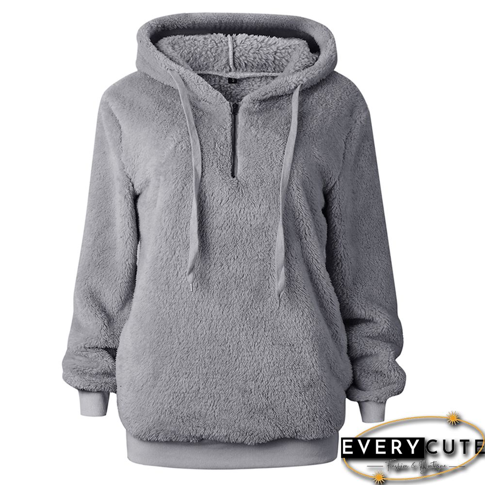 Light Gray 1/4 Zipper Furry Hoodie with Pockets