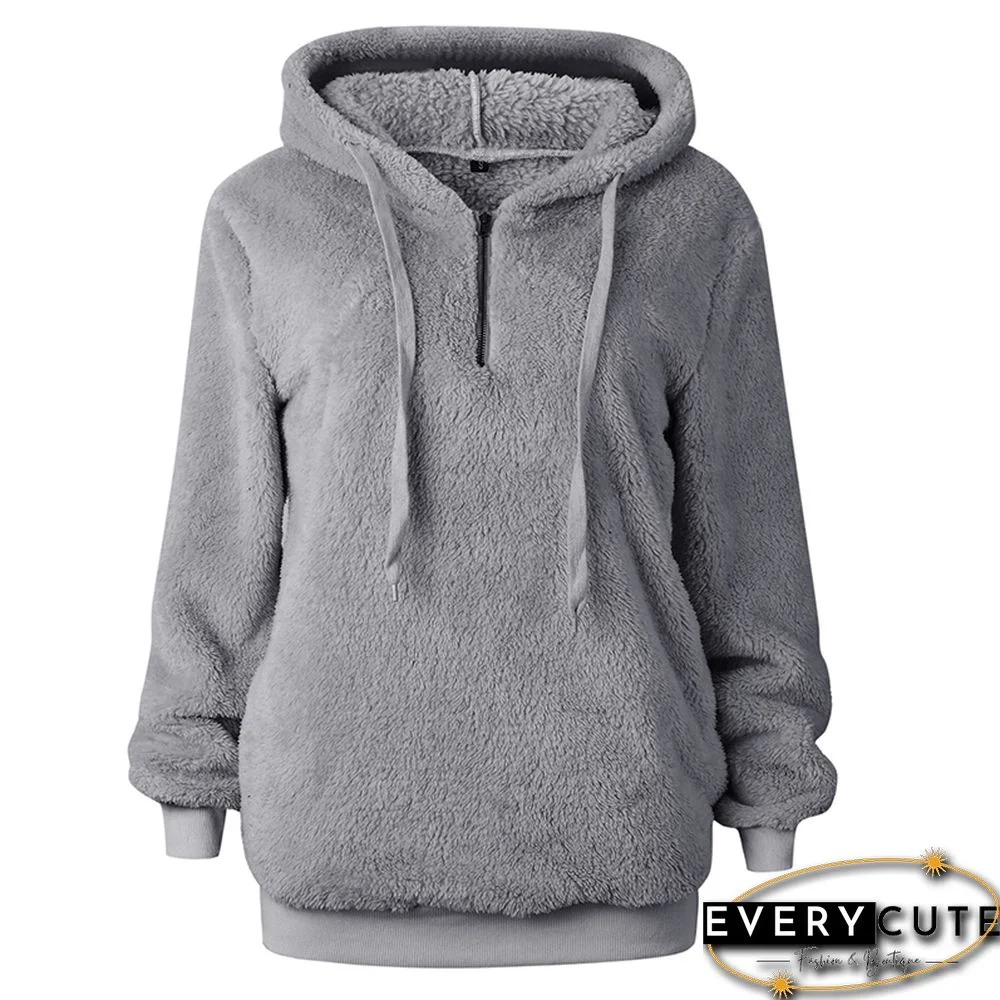 Light Gray 1/4 Zipper Furry Hoodie with Pockets