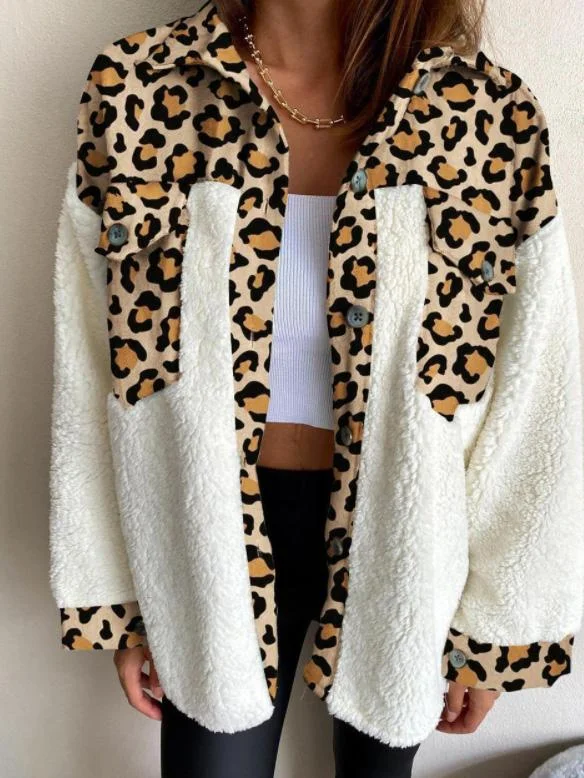 Leopard Print Plush Stitching Long Sleeve Coat