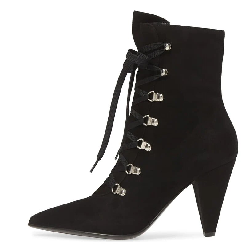 TAAFO Black Flock Ankle Boots Woman High Cone Heels Pointed Toe Ladies Booties Shoes Zipper