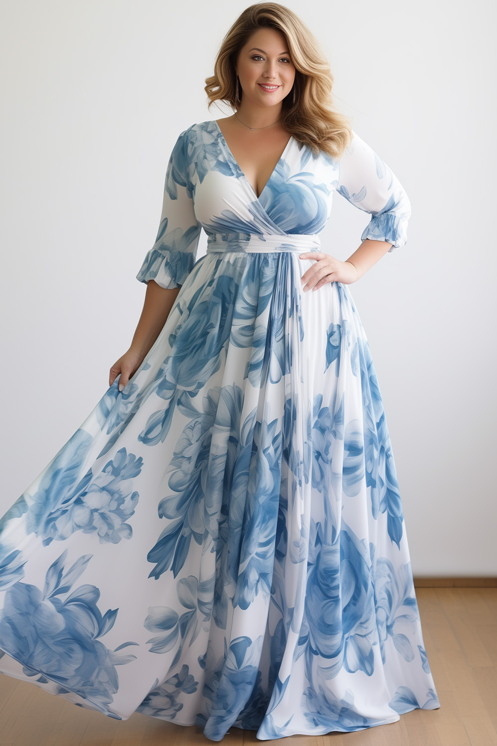 Flycurvy Plus Size Wedding Guest Light Blue Chiffon Floral Print Wrap Flare Sleeve Maxi Dress