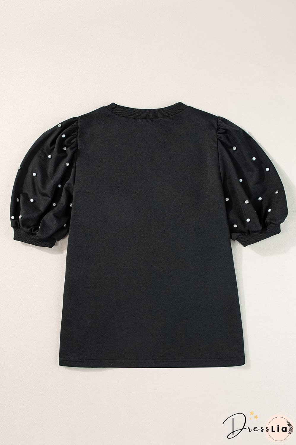 Elegant Black Rhinestone Pearl Embellished Puff Sleeve Blouse
