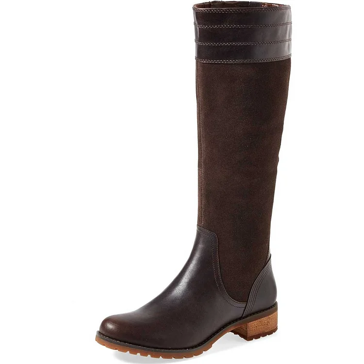 Dark Brown Riding Boots Side Zipper Round Toe Low Heel Knee Boots |FSJ Shoes