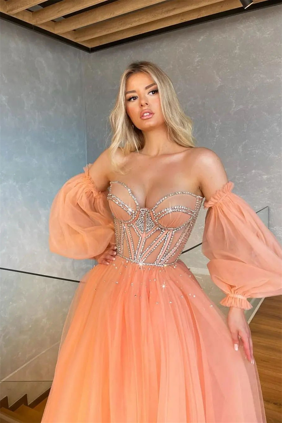 Bellasprom Light Orange Sweetheart Prom Dress Tulle With Beads