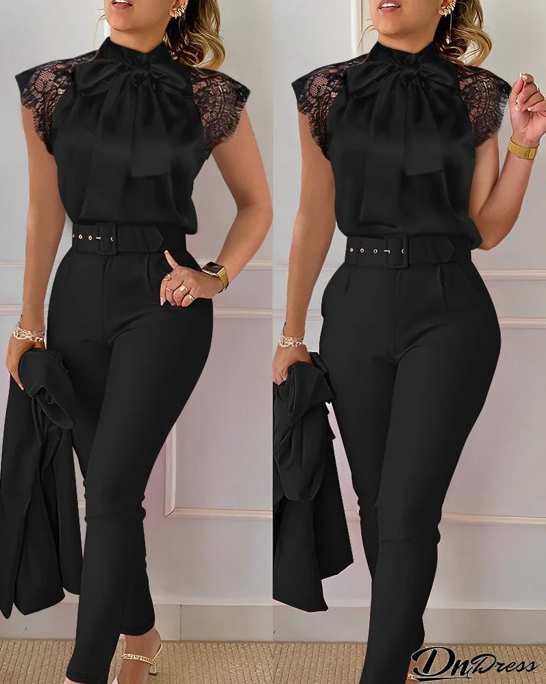 Contrast Lace Tie Neck Top & High Waist Pants Set