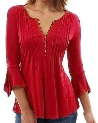 V Neck Buttoned Basic Casual Plain Ruched Tunic Top