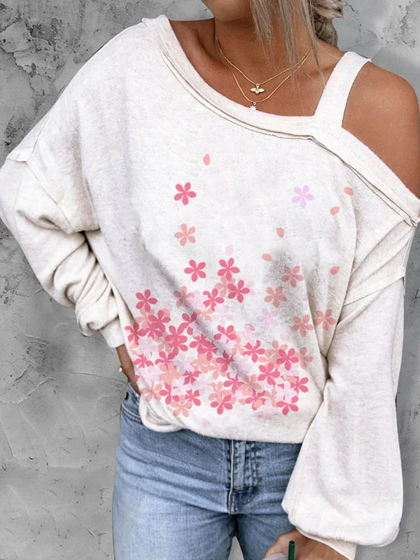 Women's pink cherry blossom print asymmetrical strapless top