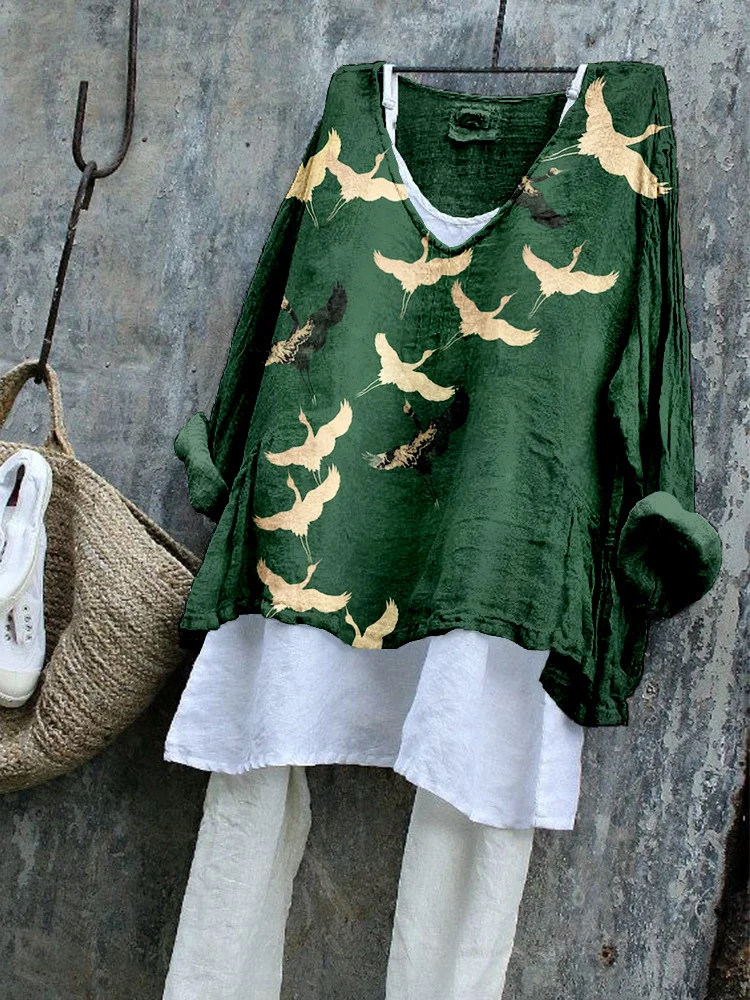 Japanese Crane Formation Pattern Linen Blend Flowy Tunic
