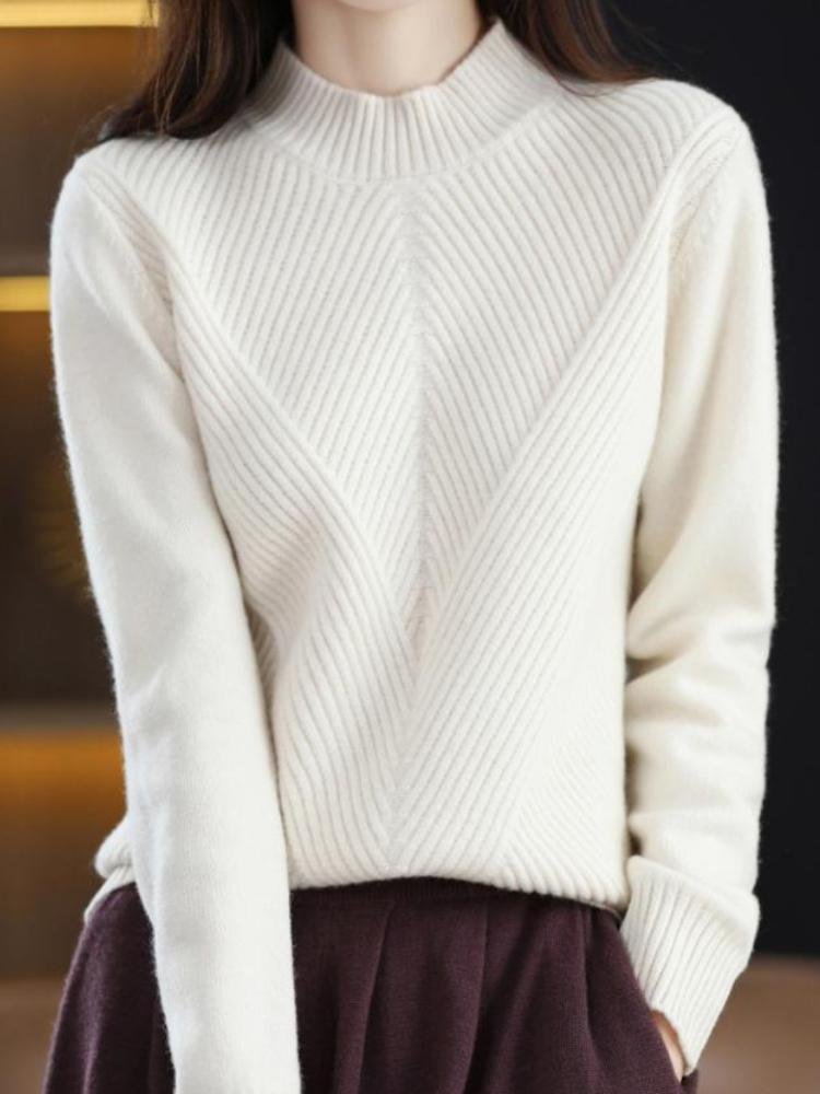 Women's Half-Turtleneck Solid Color Heavy Jacquard Wool Blend Long Sleeve Sweater 