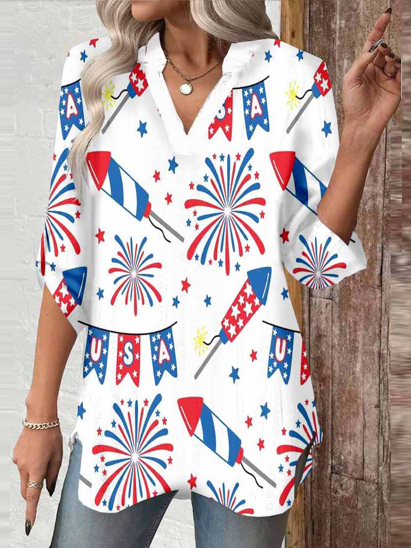 Women  Independence Day, Star, Striped, Blue, Red DZGA0225 3/4 Sleeve V-neck Printed Graphic Button Tops