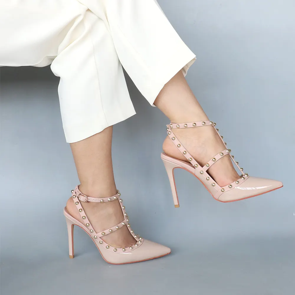 100mm Heels Strap Sandals with Pointed Rivets for Women Slingback Pumps Closed Toe Nude Sandals-vocosishoes