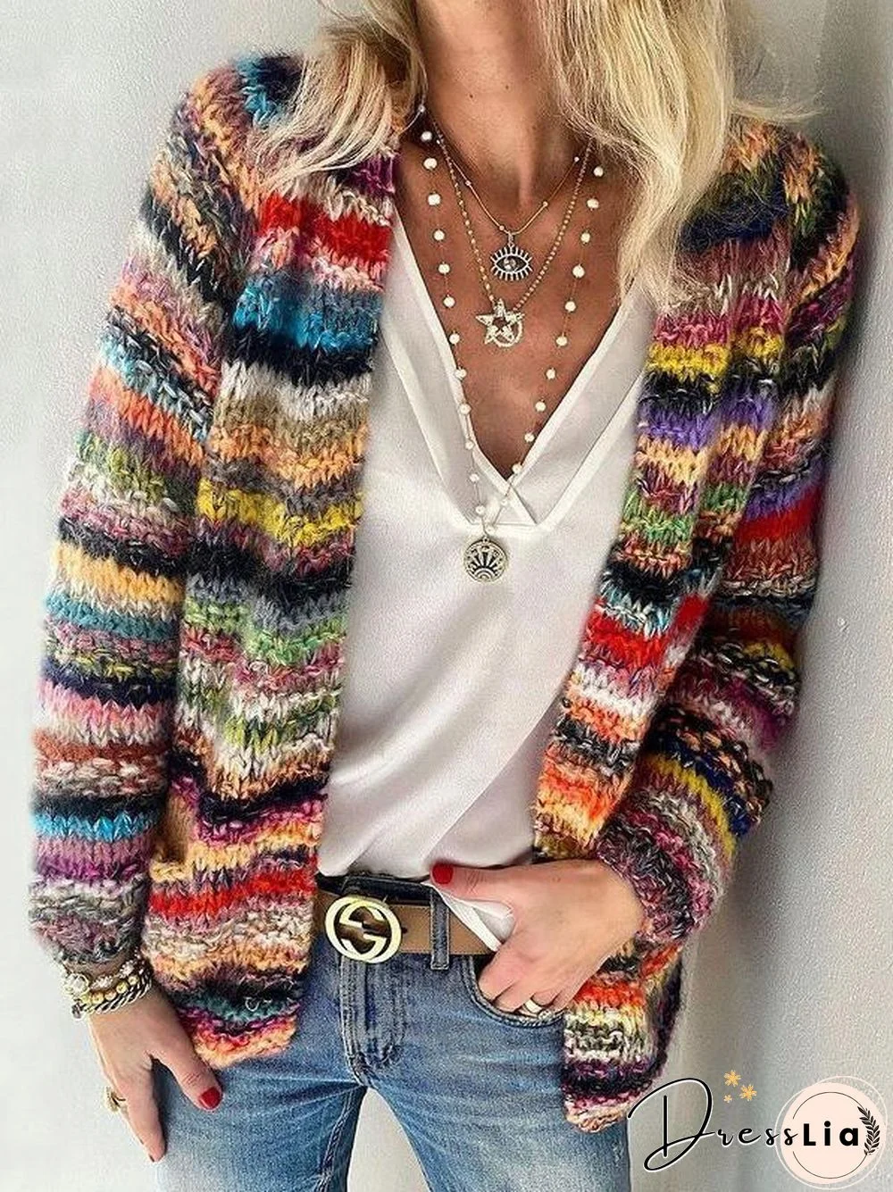 Women's Cardigans Printed Multicolor Striped Commuter Slim Cardigan