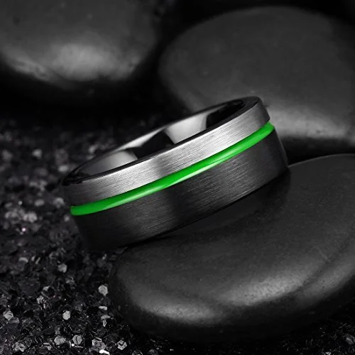 6MM 8MM Women's Or Men's Tungsten Carbide Wedding Matching Rings Green Plated Grooved Black and Silver Brushed and Comfort Fit