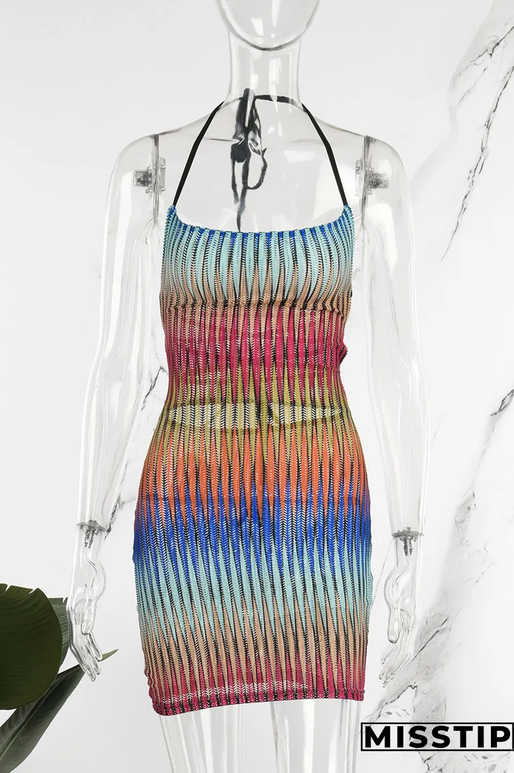 Multicolored Sexy Street Party Gradual Change Geometric Frenulum Halter One Step Skirt