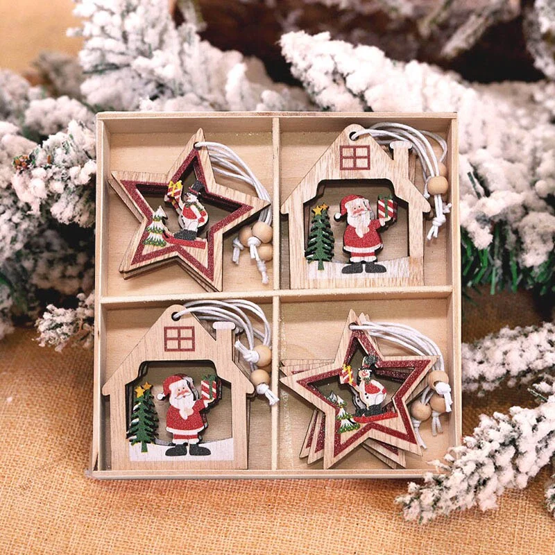 12pcs Christmas Wooden Pendant Santa Claus Snowflake Xmas Tree Ornaments Hanging Decor DIY Christmas Decorations for Home 2022