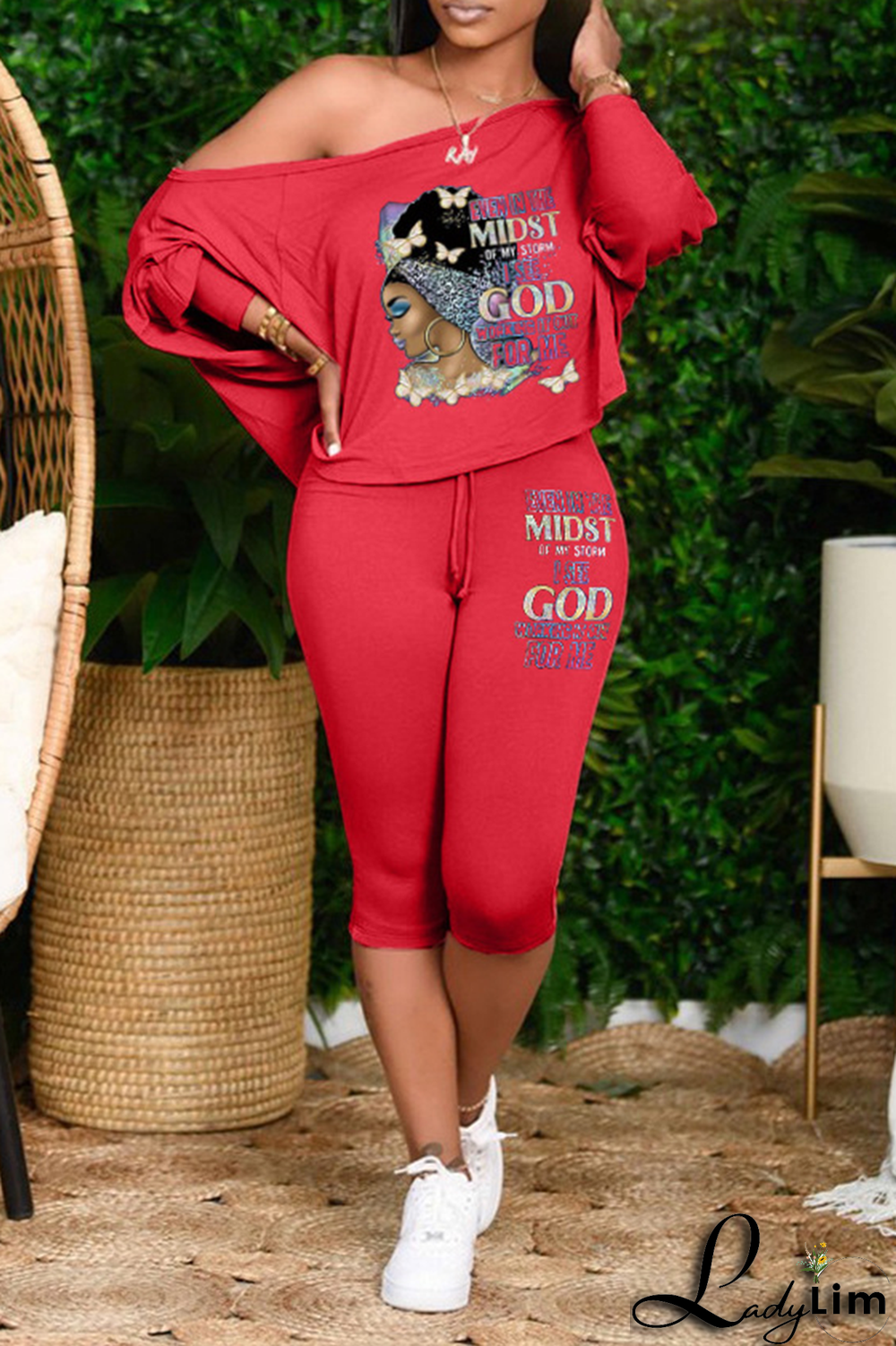 Black Fashion Print Patchwork One Shoulder Long Sleeve Two Pieces