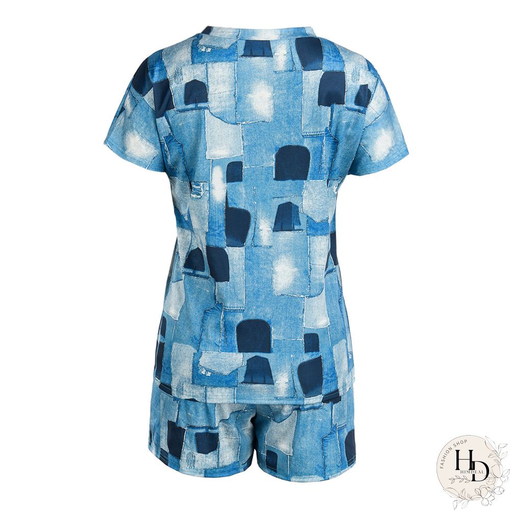 Grey Black Casual Print Patchwork O Neck Short Sleeve Two Pieces