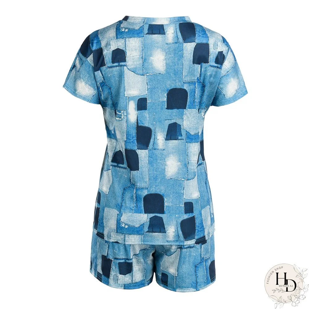 Grey Black Casual Print Patchwork O Neck Short Sleeve Two Pieces