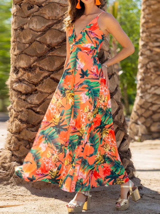 Women's New Fashion Suspenders V -Neck Printing Temperament Elegant A Put On Clothing Long Skirt