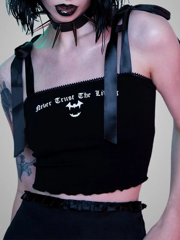Dark Style Statement Letter Printed Lace Up Midriff Spaghetti with Laciness